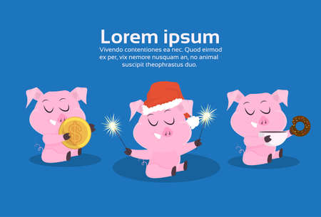 cute pigs symbol of 2019 chinese new year different poses merry christmas holiday celebration concept flat horizontal copy space vector illustrationのイラスト素材