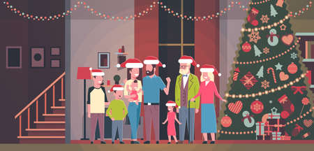 multi generation family standing together in house near decorated fir tree happy new year merry christmas concept flat horizontal vector illustrationのイラスト素材