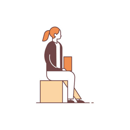 businesswoman sitting pose using laptop business woman office worker female cartoon character full length line vector illustrationのイラスト素材