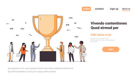 business people near golden trophy cup first place winner concept successful teamwork number one victory strategy horizontal copy space line vector illustrationのイラスト素材
