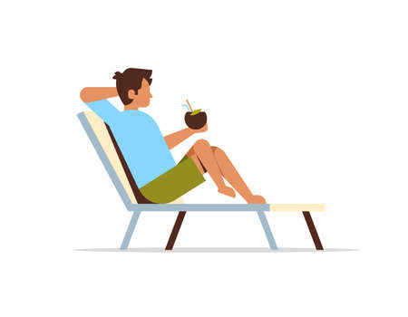 young man lying on sun lounger holding coconut cocktail summer vacation concept flat isolated vector illustrationのイラスト素材