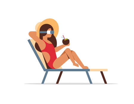 young woman bikini on sun lounger wearing vr glasses holding coconut cocktail summer vacation concept flat isolated vector illustrationのイラスト素材