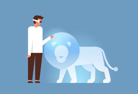 man wear digital glasses touch virtual reality lion vr vision headset innovation concept blue background flat horizontal vector illustrationのイラスト素材