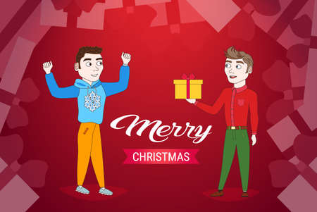 man holding gift box present for friend happy new year merry christmas celebration concept horizontal vector illustrationのイラスト素材