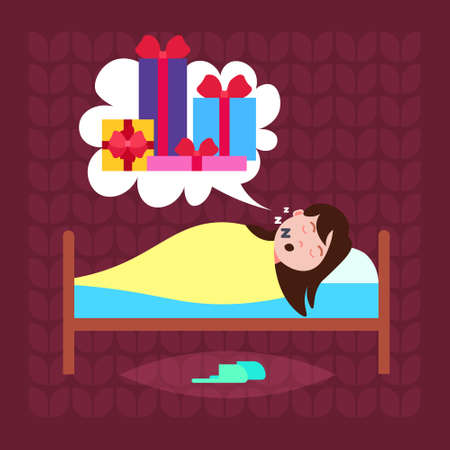 woman sleep in bad dream bubble gift box present merry christmas happy new year holidays concept flat vector illustrationのイラスト素材