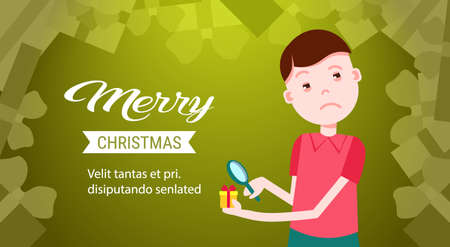 man looking at gift box present through a magnifier zoom male cartoon character portrait copy space horizontal flat vector illustrationのイラスト素材