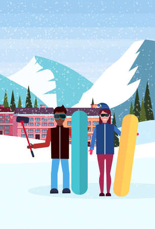 mix race snowboarders couple taking selfie ski resort hotel houses buildings cable car snowy mountains fir tree landscape background winter vacation concept flat vertical vector illustrationのイラスト素材