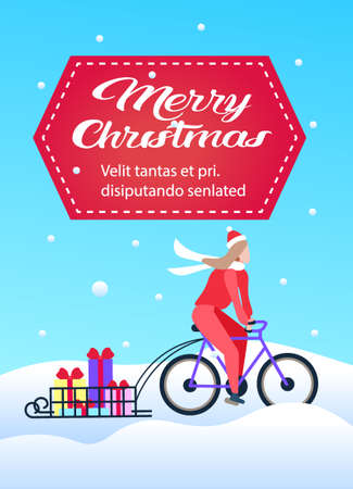 woman cyclist ride bicycle transportation gift boxes in sledges winter snowy day merry christmas happy new year concept vertical copy space flat vector illustrationのイラスト素材