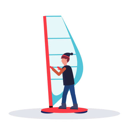 man windboarder holding sail guy windboarding windsurfing on snow concept extreme winter sport male cartoon character full length flat isolated vector illustrationのイラスト素材