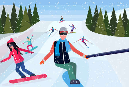 man taking selfie photo snowboarders skiers people sliding down snowy mountain hill fir tree landscape background winter vacation concept flat horizontal vector illustrationの写真素材