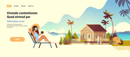 young woman bikini wear digital glasses sitting sun lounger virtual reality vision villa house tropical beach summer vacation concept flat copy space vector illustrationのイラスト素材