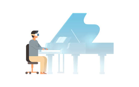 man pianist wear digital glasses touch virtual reality grand piano vr vision headset innovation concept isolated flat horizontal vector illustrationのイラスト素材
