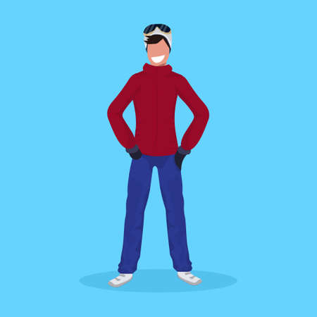 happy man standing pose guy winter vacation activity concept male cartoon character full length flat vector illustrationの写真素材