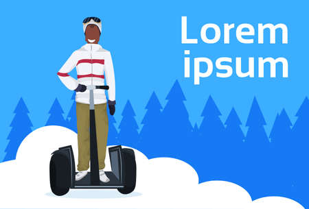 african american man ride electric scooter winter vacation activity fir tree forest landscape male cartoon character full length flat horizontal copy space vector illustrationのイラスト素材