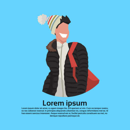 happy man with backpack wearing winter clothes male cartoon character portrait copy space flat vector illustrationのイラスト素材