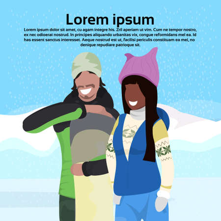 mix race snowboarders couple holding equipment happy man woman winter vacation activity concept female male cartoon character portrait copy space flat vector illustrationのイラスト素材
