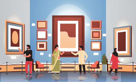 mix race tourists viewers in modern art gallery museum interior looking creative contemporary paintings artworks or exhibits flat vector illustrationのイラスト素材
