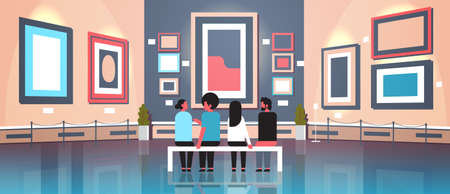 people tourists visitors in modern art gallery museum interior sitting on bench looking contemporary...