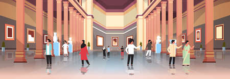 tourists visitors in classic historic museum art gallery hall with columns interior looking ancient exhibits and sculptures collection flat horizontal banner vector illustrationのイラスト素材