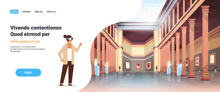 woman wear digital glasses virtual reality classic historic museum art gallery hall with columns interior ancient exhibits and sculptures collection flat horizontal copy space vector illustrationのイラスト素材