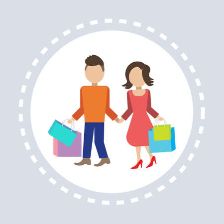 couple man woman hold colorful packages paper bags shopping icon concept flat vector illustrationのイラスト素材