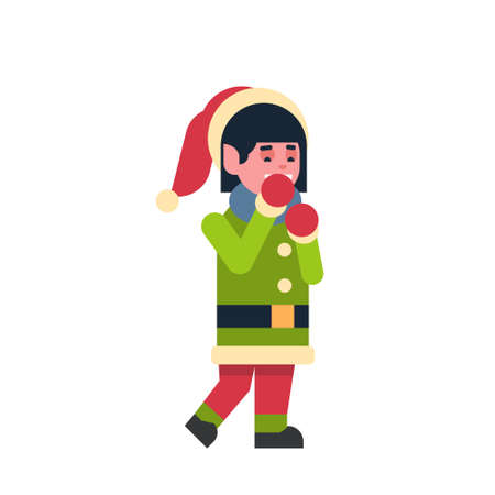 girl elf santa claus helper merry christmas holiday happy new year concept female cartoon character full length flat vector illustrationのイラスト素材