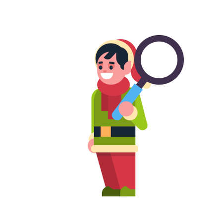 man elf santa claus helper hold magnifying zoom merry christmas holiday happy new year concept male cartoon character full length flat vector illustrationのイラスト素材