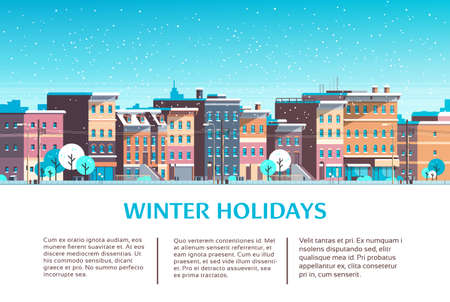 city building houses winter street cityscape merry christmas happy new year holiday greeting card copy space template flat horizontal flat vector illustrationのイラスト素材