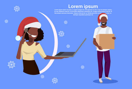 african american woman call center operator male courier support service concept merry christnmas new year holiday celebration horizontal copy space flat vector illustrationのイラスト素材