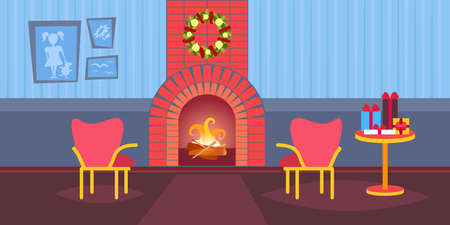 living room decorated merry christmas happy new year fireplace home interior decoration winter holiday concept flat horizontal vector illustrationのイラスト素材