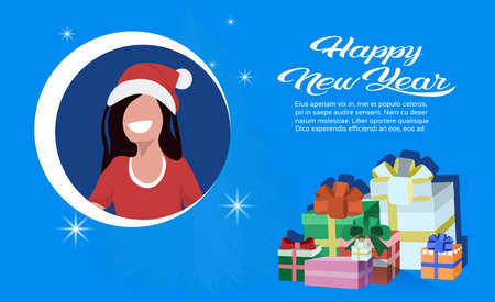 brunette woman face avatar red hat happy new year merry christmas concept present gift box decoration flat female portrait horizontal copy space vector illustrationのイラスト素材
