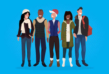 mix race people group wearing winter clothes standing together female male cartoon character full...