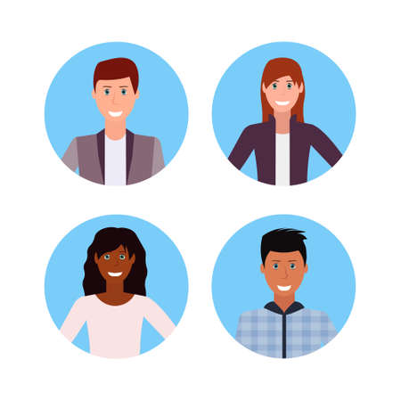 set business people face avatar collection happy mix race woman man office workers male female cartoon character portrait isolated vector illustrationのイラスト素材