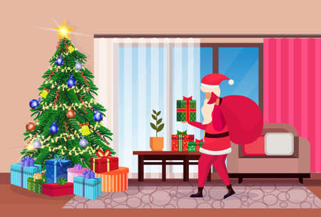 santa claus hold sack in living room decorated merry christmas happy new year pine tree home interior decoration winter holiday concept flat horizontal vector illustrationのイラスト素材