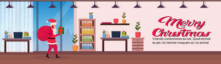 santa claus hold sack gift box present new year merry christmas celebration concept modern office interior flat horizontal copy space vector illustrationのイラスト素材