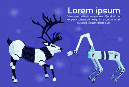 couple mechanical vs digital robot reindeer artificial intelligence concept robotic deer cartoon animal flat copy space horizontal vector illustrationの写真素材