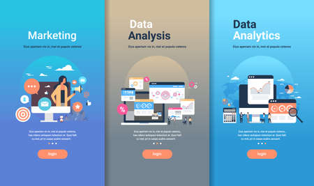 web design template set for marketing data analysis and data analytics concepts different business collection flat copy space vector illustrationのイラスト素材