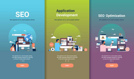 web design template set for seo optimization and application development concepts different business collection flat copy space vector illustrationのイラスト素材