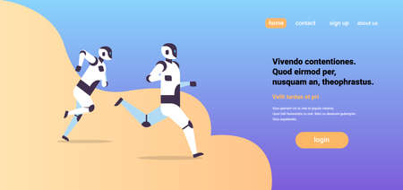 two modern robots running artificial intelligence technology competition concept flat horizontal copy space vector illustrationのイラスト素材