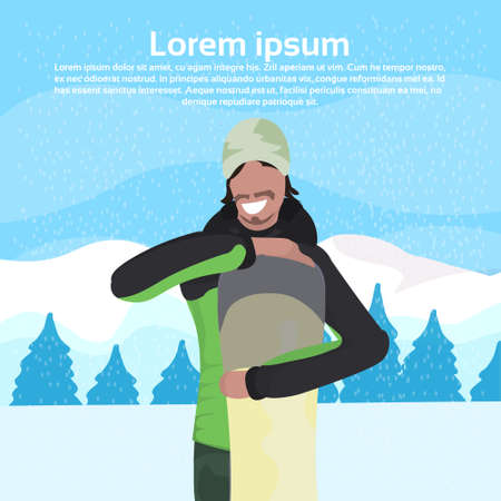 man holding snowboard guy winter vacation activity concept fir tree snowy mountain landscape male cartoon character portrait flat copy space vector illustrationのイラスト素材