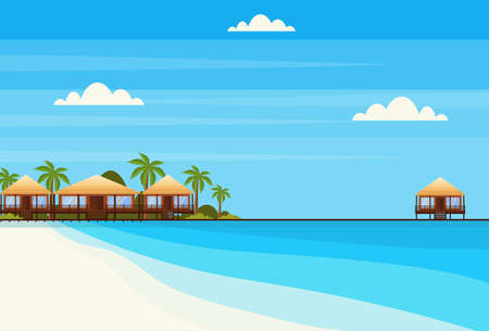 tropical island with villa bungalow hotel on beach seaside green palms landscape summer vacation concept flat horizontal vector illustrationのイラスト素材