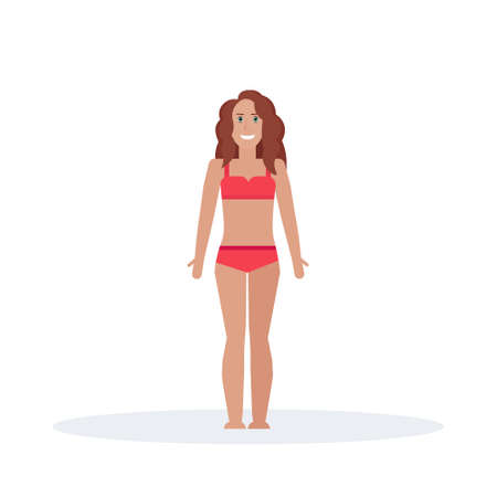 young bikini woman standing in swimsuit happy girl summer vacation concept female cartoon character full length flat isolated vector illustrationのイラスト素材