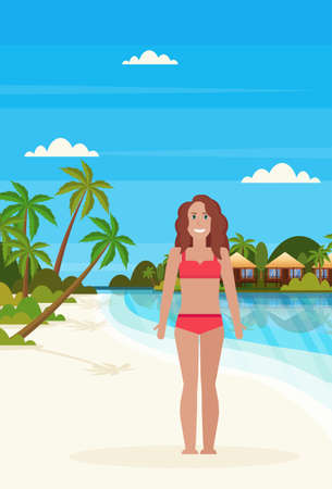 bikini woman on tropical island with villa bungalow hotel on beach seaside green palms landscape summer vacation concept flat vertical vector illustrationのイラスト素材