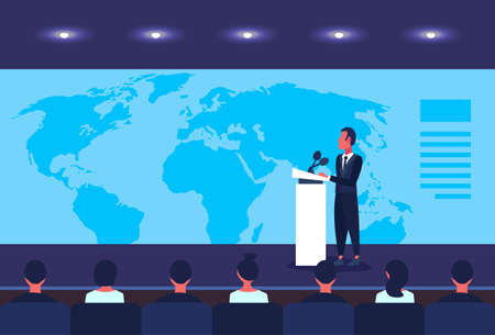 businessman politician talking from tribune business conference over world map speaker international forum horizontal banner flat vector illustrationのイラスト素材