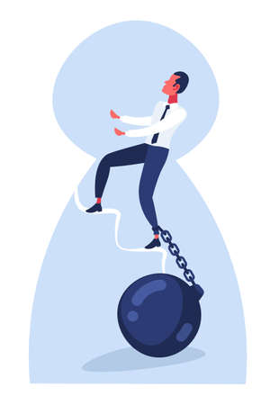 businessman climbing up ladder chain bound leg credit debt finance crisis problem solution concept male cartoon character flat full length keyhole background vertical vector illustrationのイラスト素材