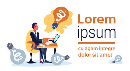 businessman using laptop generating creative innovation idea concept light lamp icon office desktop cartoon character flat horizontal full length copy space vector illustrationのイラスト素材
