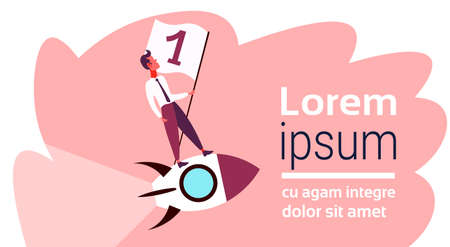 Businessman flying space rocket first place flag success project startup achievement concept business man team leader full length flat horizontal copy space vector illustrationのイラスト素材