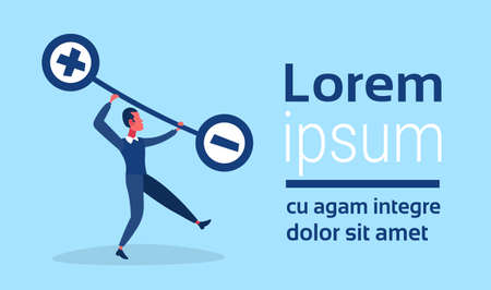Businessman holding weights balance scales plus minus sign debt loan crisis concept positive negative debit credit male cartoon character flat horizontal copy space vector illustrationのイラスト素材