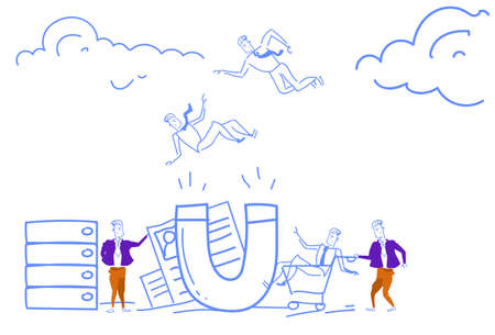 Customer retention businessmen giant magnet attracts client stuff recruitment concept catching best resume workers success strategy attraction horizontal sketch doodle vector illustrationのイラスト素材
