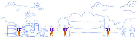 Customer retention businessmen giant magnet attracts client stuff recruitment concept catching best resume workers success strategy attraction ready to start working process horizontal banner sketch doodle vector illustrationのイラスト素材